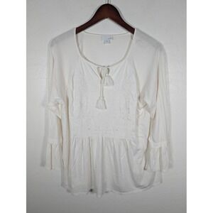 J Jill Blouse Womens Large Cream Embroidered Peasant Tassel Boho Long Sleeve Top